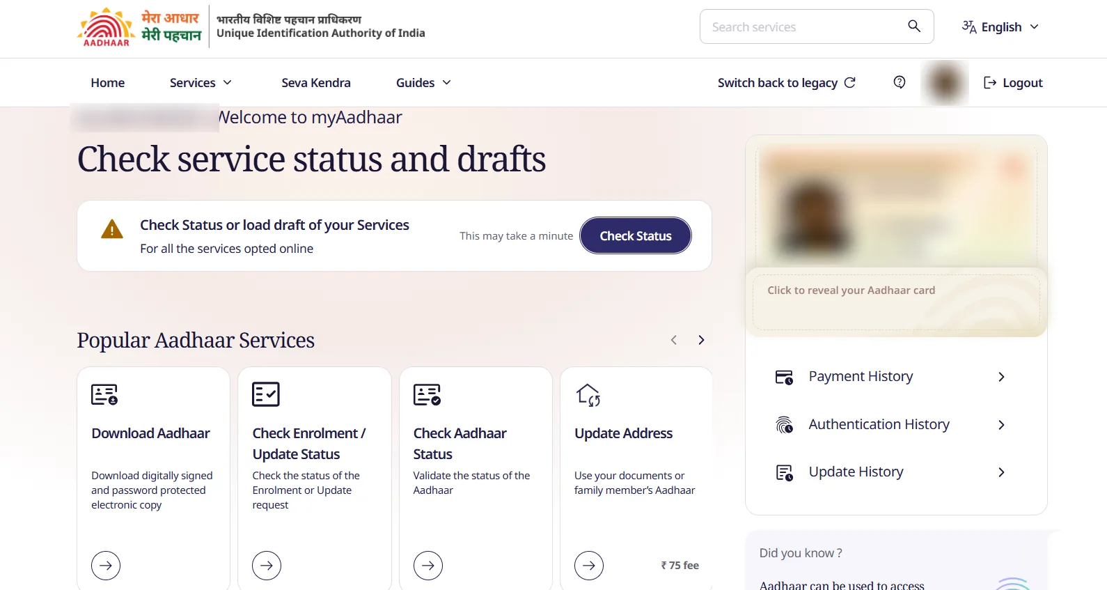 myAadhaar dashboard after login showing Check service status and drafts, Popular Aadhaar Services cards and Payment, Authentication and Update History links