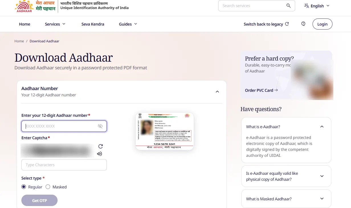 myAadhaar Download Aadhaar page with the 12-digit Aadhaar number field, captcha, Regular or Masked choice and Get OTP button, plus an Order PVC Card panel