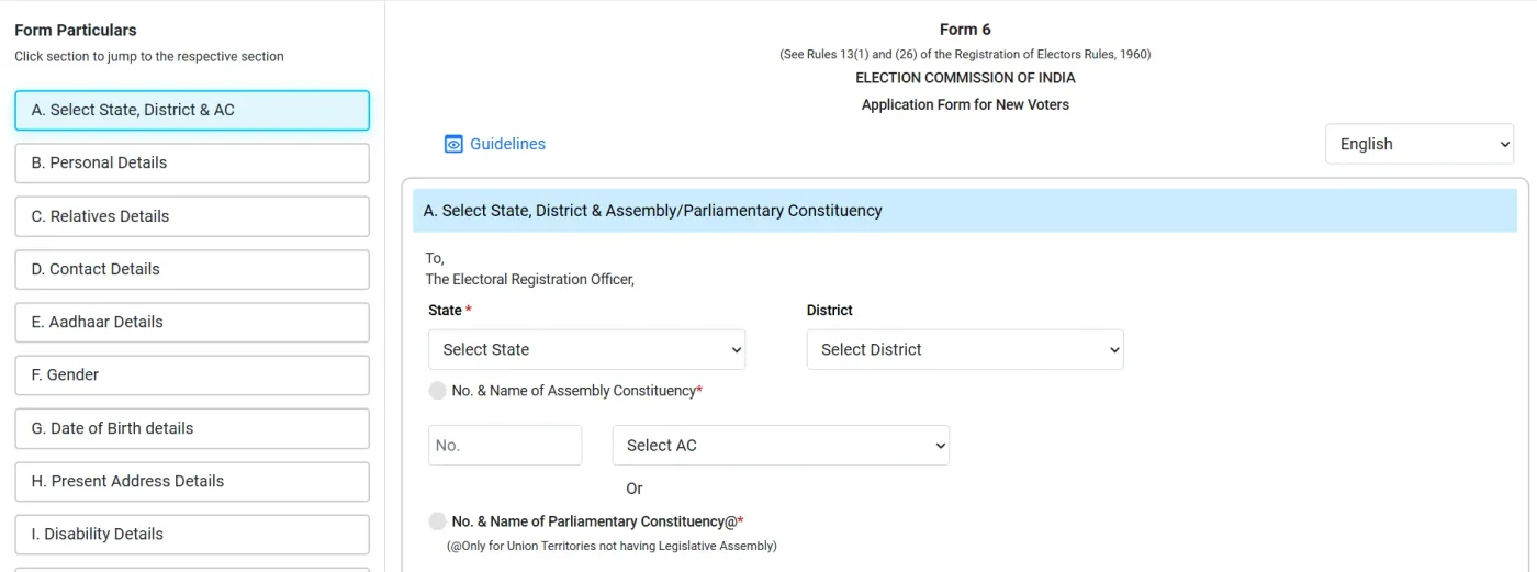 ECINET online Form 6 with the Form Particulars list on the left and section A, Select State, District and Assembly Constituency, open