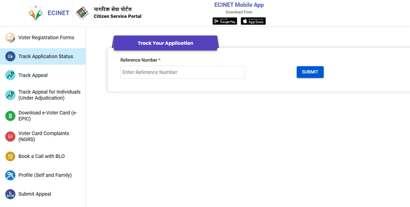 ECINET Track Your Application screen with a Reference Number field and Submit button, and the left menu of services