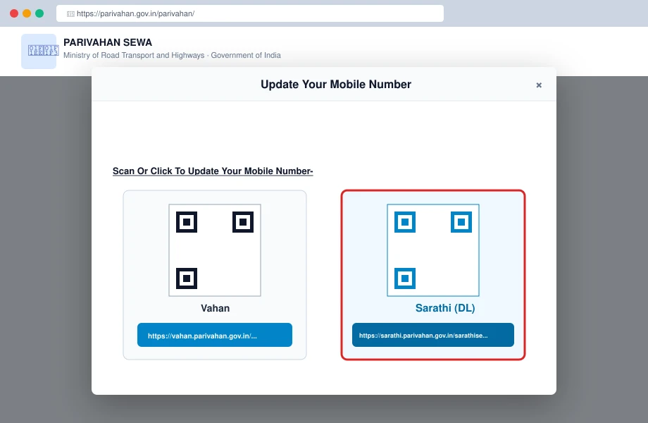 Parivahan Sewa Update Your Mobile Number advisory popup showing Vahan and Sarathi QR pathways