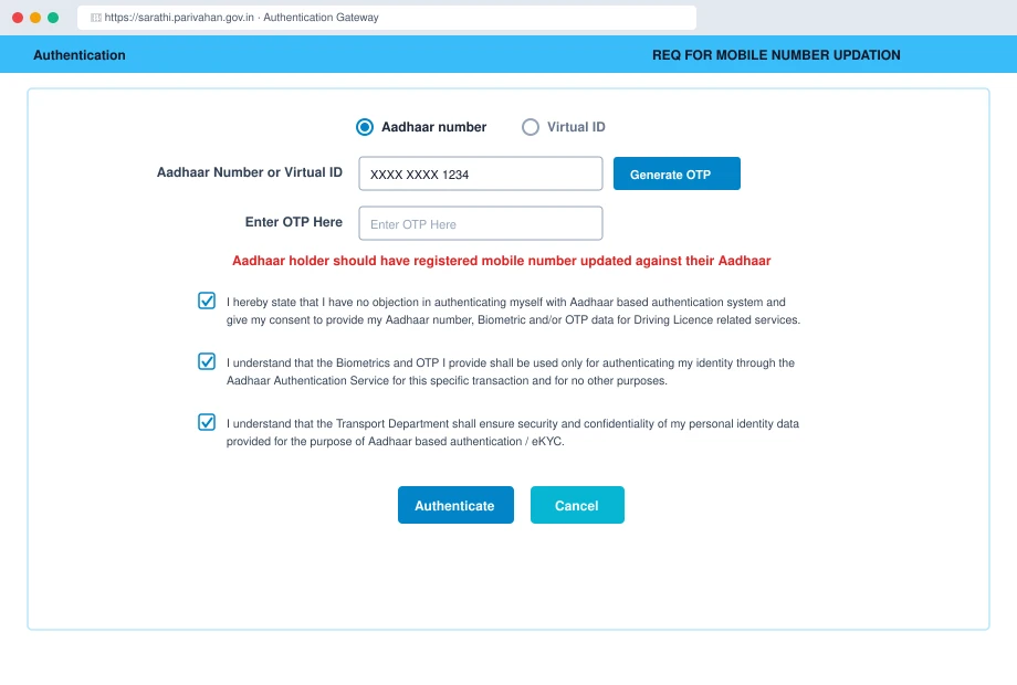 Aadhaar e-KYC Authentication gateway on Sarathi with Generate OTP, Enter OTP box, and statutory consent declarations