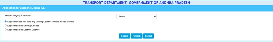 Application for Learner’s Licence (LL) screen on Sarathi Andhra Pradesh, with the Select Category if required dropdown and the three applicant options: no licence, holds driving licence, holds learner licence