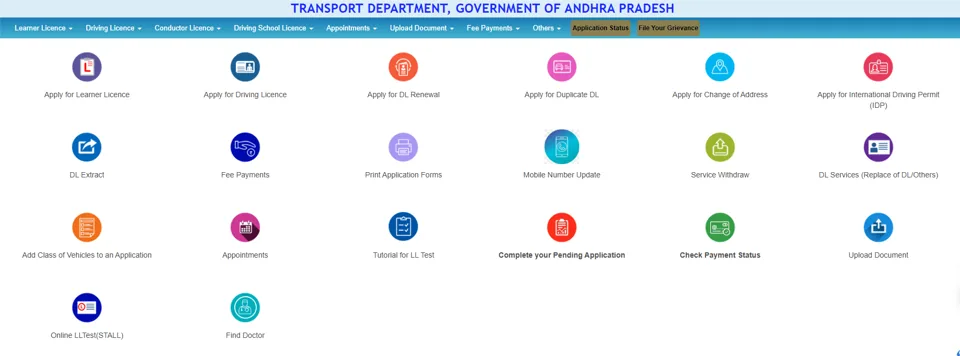 Sarathi services page for the Transport Department, Government of Andhra Pradesh, with tiles for Apply for Learner Licence, Fee Payments, Appointments, Tutorial for LL Test, Online LLTest (STALL), Upload Document, Check Payment Status and Find Doctor