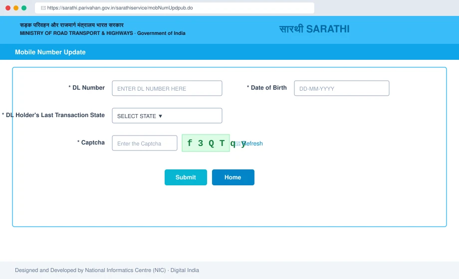 Sarathi Parivahan Mobile Number Update initial form — DL number, date of birth, state dropdown, and captcha
