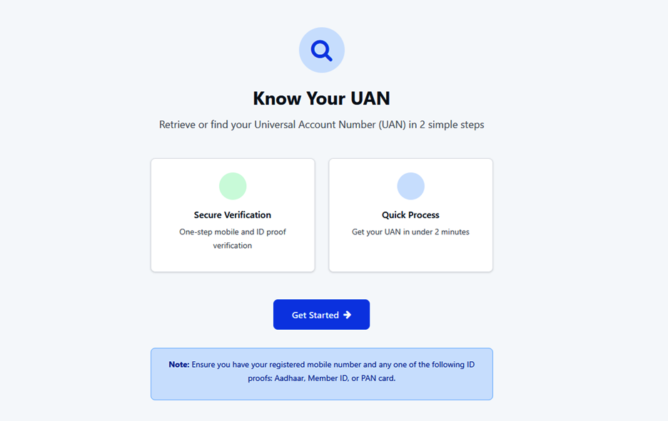 Know Your UAN start screen — Secure Verification, Quick Process, and Get Started button