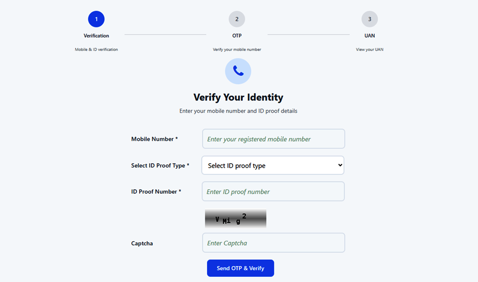 Know Your UAN Verify Your Identity form — mobile, ID proof type, ID number, captcha, Send OTP and Verify
