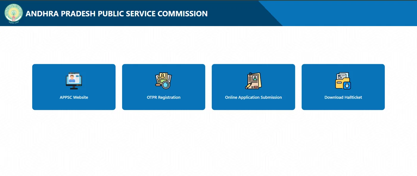 APPSC application portal home page with four options: APPSC Website, OTPR Registration, Online Application Submission and Download Hallticket