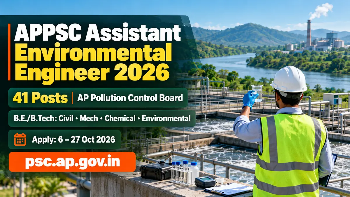 APPSC Assistant Environmental Engineer 2026: 41 posts in AP Pollution Control Board, B.E./B.Tech Civil, Mechanical, Chemical or Environmental, apply 6 to 27 October 2026 at psc.ap.gov.in