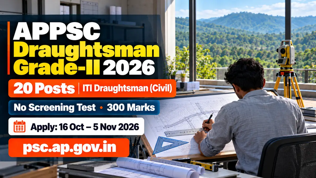 APPSC Draughtsman Grade-II 2026: 20 posts for ITI Draughtsman (Civil), no screening test, 300 marks, apply 16 October to 5 November 2026 at psc.ap.gov.in