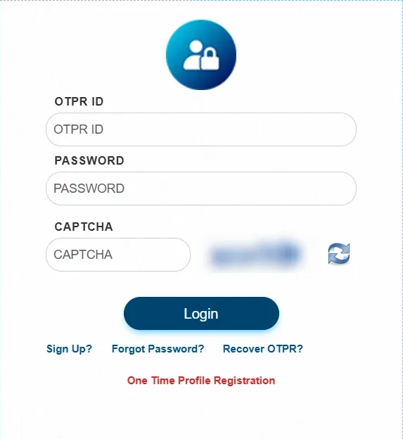 APPSC candidate login page with OTPR ID, Password and CAPTCHA fields, a Login button, and Sign Up, Forgot Password, Recover OTPR and One Time Profile Registration links