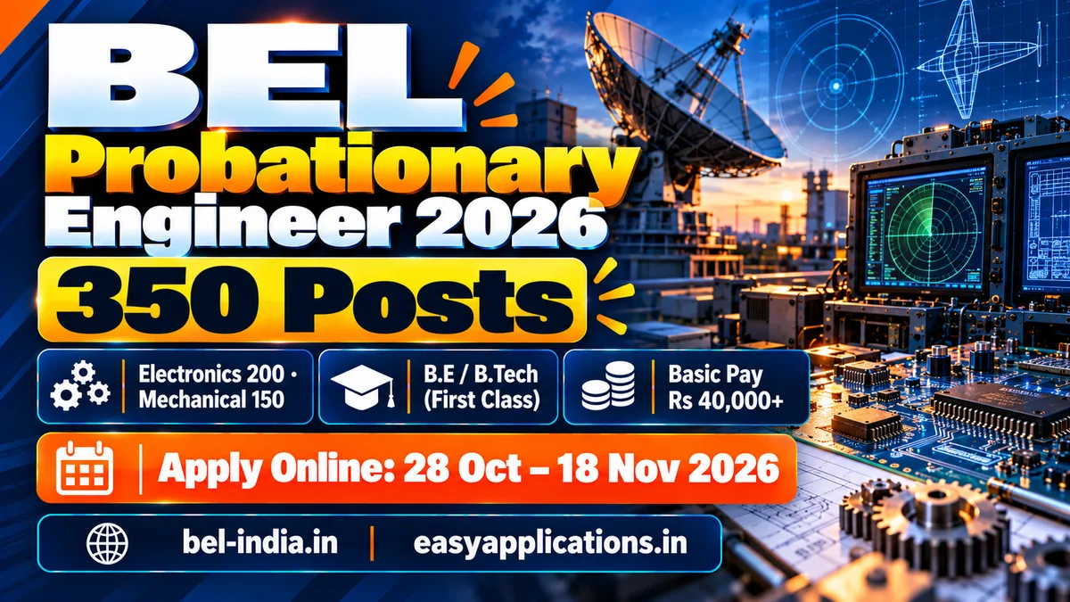BEL Probationary Engineer 2026: 350 posts (Electronics 200, Mechanical 150) for first-class B.E/B.Tech graduates, basic pay Rs 40,000+, apply online 28 October to 18 November 2026
