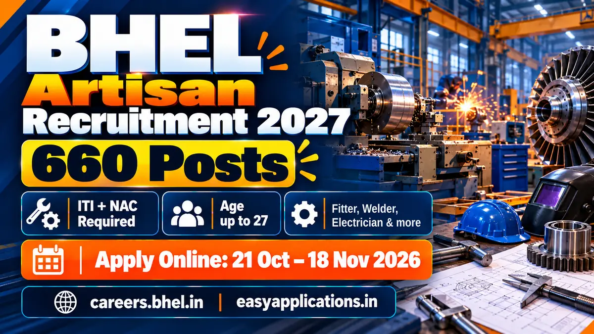 BHEL Artisan Recruitment 2027: 660 posts, ITI plus NAC required, age up to 27, trades including Fitter, Welder and Electrician, apply online 21 October to 18 November 2026 at careers.bhel.in