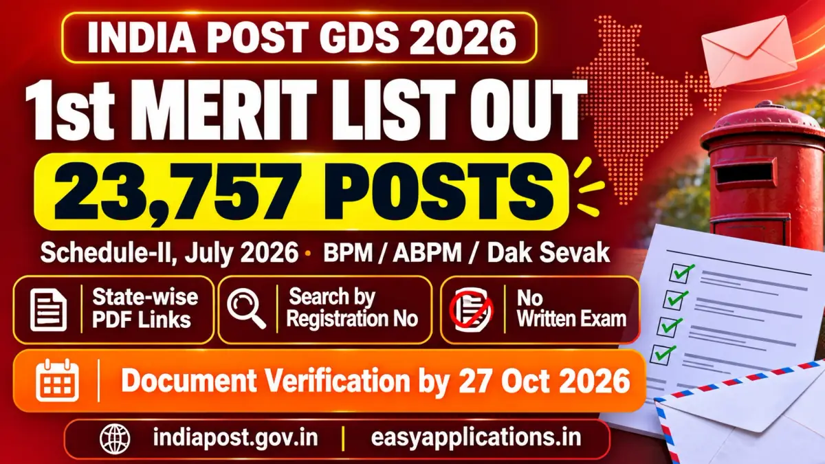 India Post GDS 2026 1st merit list out: 23,757 posts, Schedule-II July 2026, BPM, ABPM and Dak Sevak, state-wise PDF links, search by registration number, document verification by 27 October 2026