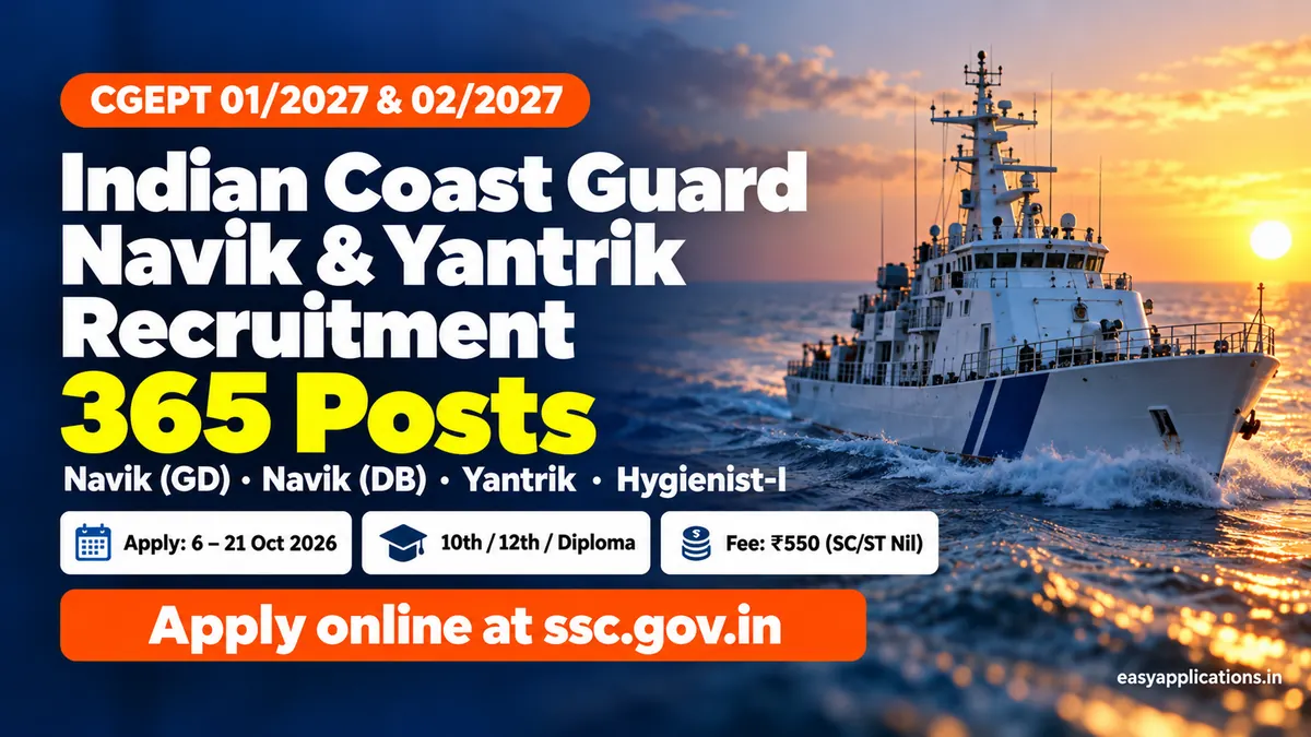Indian Coast Guard Navik and Yantrik Recruitment, CGEPT 01/2027 and 02/2027: 365 posts, apply online 6 to 21 October 2026 at ssc.gov.in
