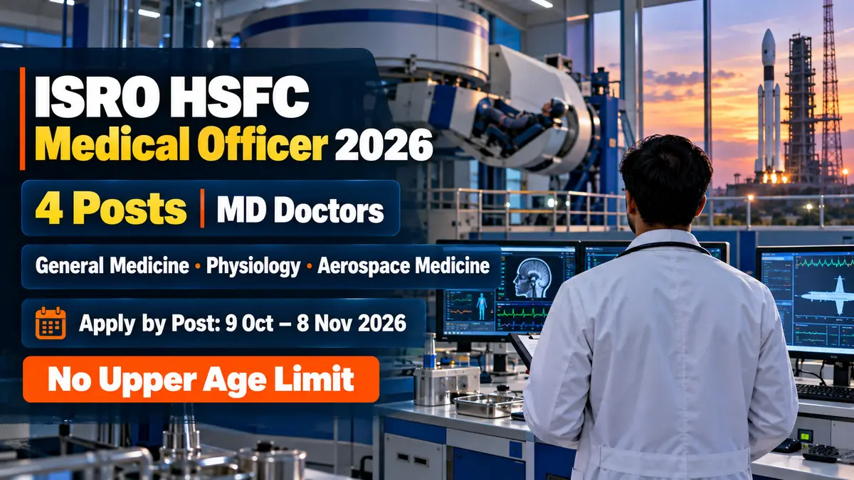ISRO HSFC Medical Officer 2026: 4 posts for MD doctors in General Medicine, Physiology and Aerospace Medicine, apply by post 9 October to 8 November 2026, no upper age limit