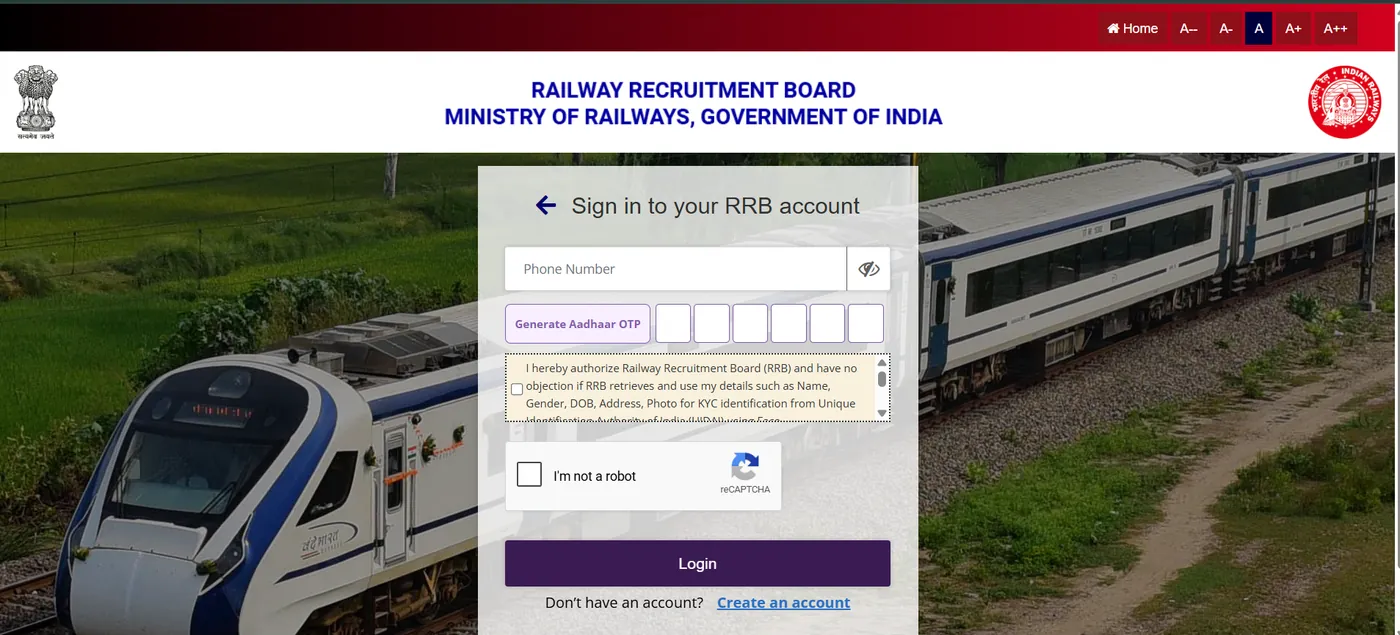 RRB apply portal sign-in page with phone number field, Generate Aadhaar OTP button, consent tick box, reCAPTCHA and Login button