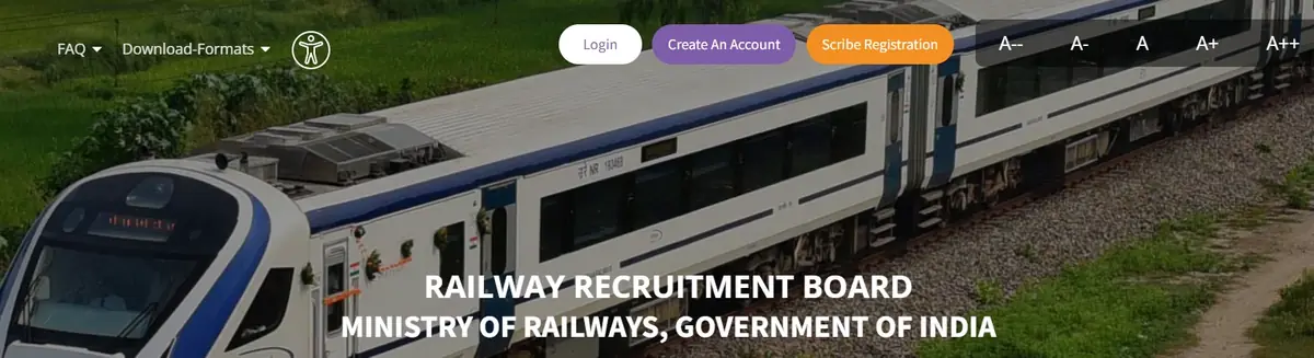 RRB apply portal home page with Login, Create An Account and Scribe Registration buttons