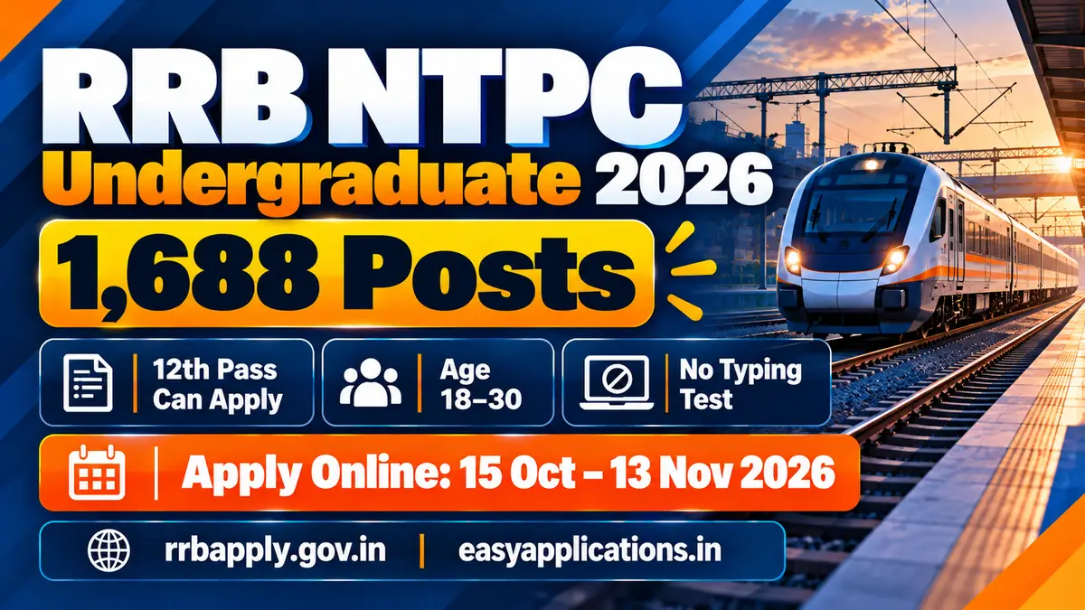 RRB NTPC Undergraduate 2026: 1,688 posts, 12th pass can apply, age 18 to 30, no typing test, apply online 15 October to 13 November 2026 at rrbapply.gov.in