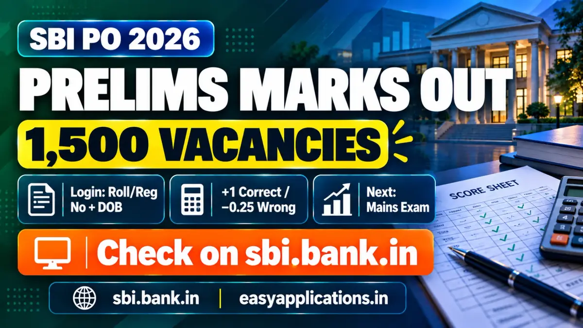 SBI PO 2026 Prelims marks out: 1,500 vacancies, login with roll or registration number and date of birth, +1 for correct and -0.25 for wrong answers, next stage Mains, check on sbi.bank.in