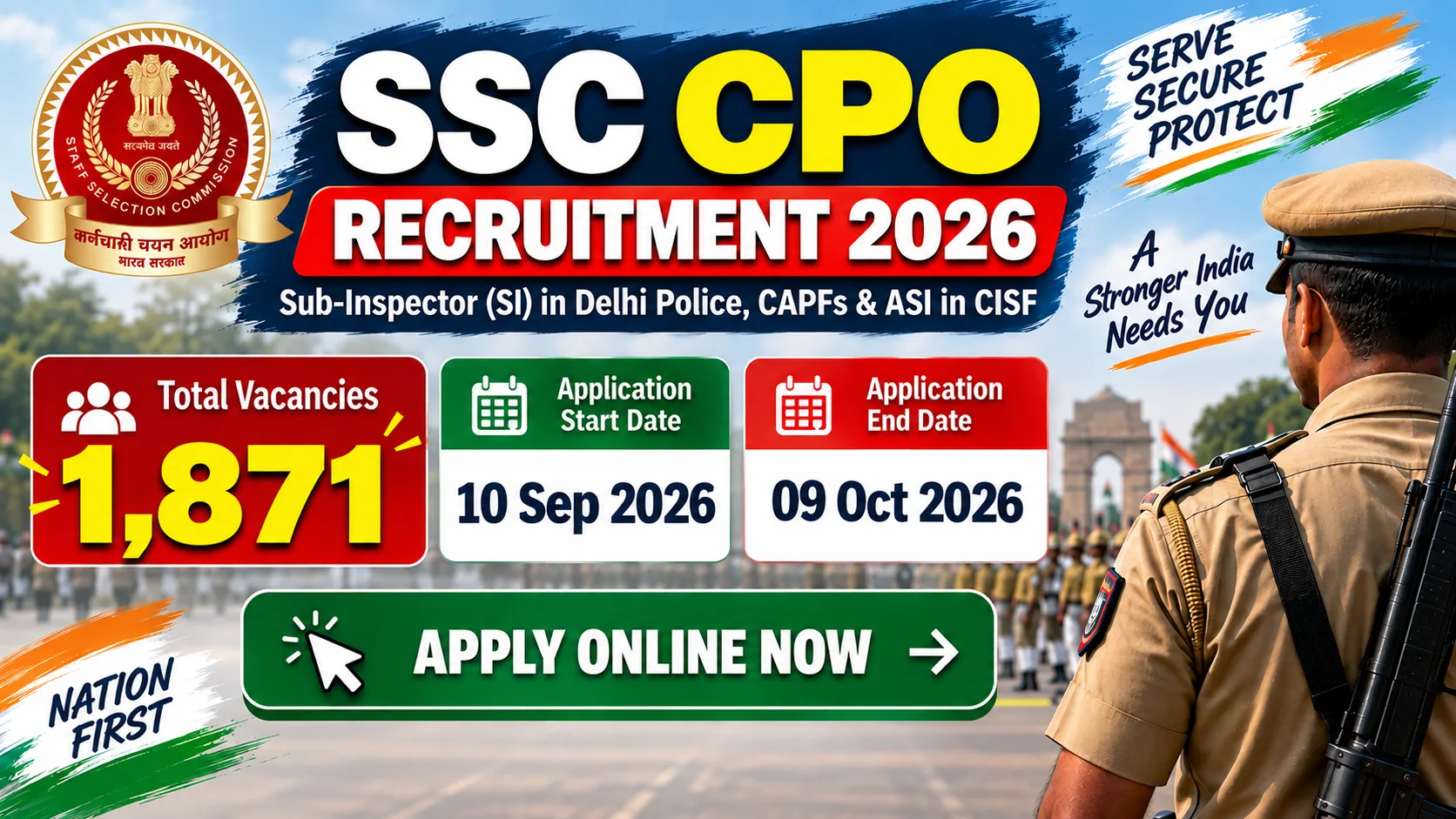 SSC CPO Recruitment 2026 with 1,871 vacancies and application dates