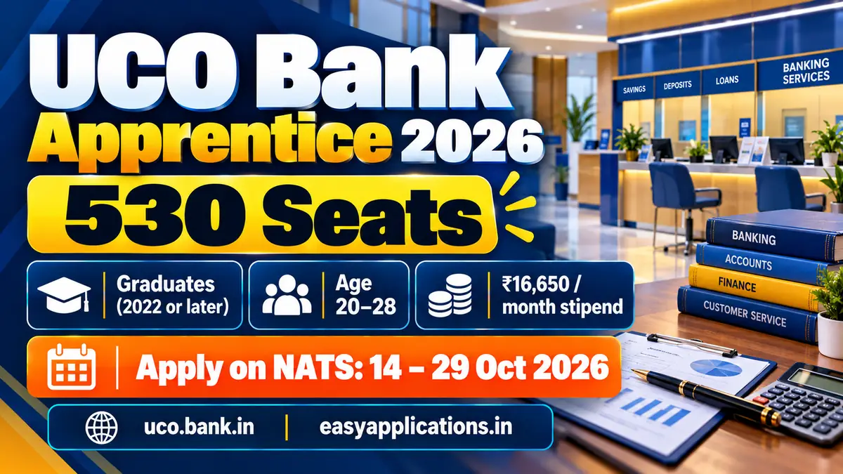UCO Bank Apprentice 2026: 530 seats for graduates who passed in 2022 or later, age 20 to 28, stipend Rs 16,650 a month, apply on NATS 14 to 29 October 2026
