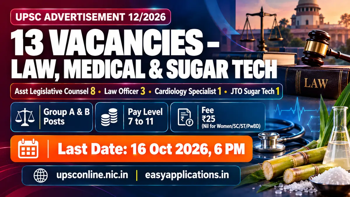UPSC Advertisement 12/2026: 13 vacancies for Assistant Legislative Counsel (8), Law Officer (3), Cardiology Specialist (1) and JTO Sugar Technology (1), fee Rs 25, last date 16 October 2026, 6 PM